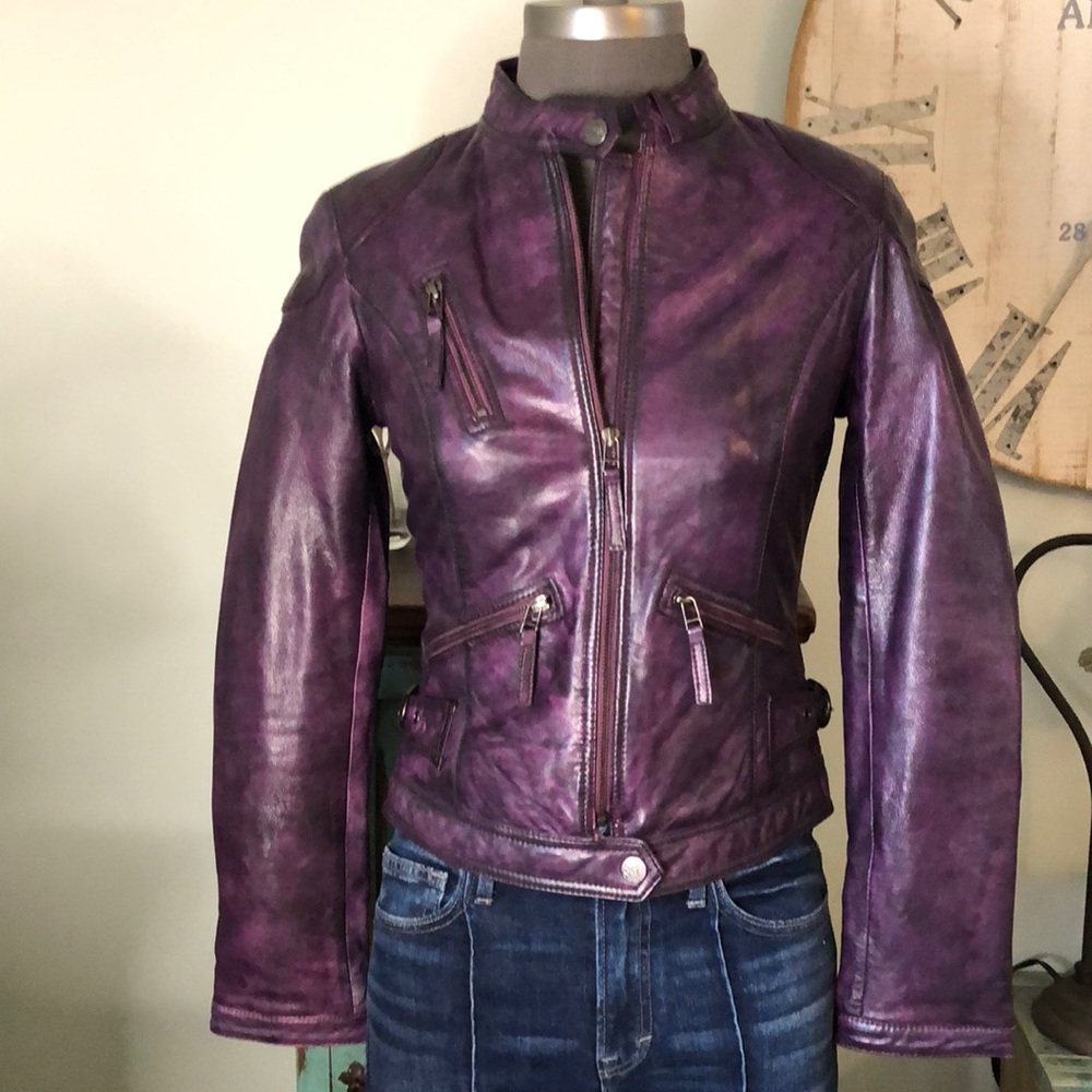 OLD GRINGO FITTED UNIQUE PURPLE LEATHER MOTO JACKET SIZE SMALL S